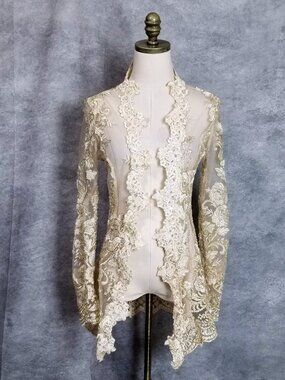 Akira Intricate Floral Embroidered Kimono Jacket Size M Gold Metallic Victorian